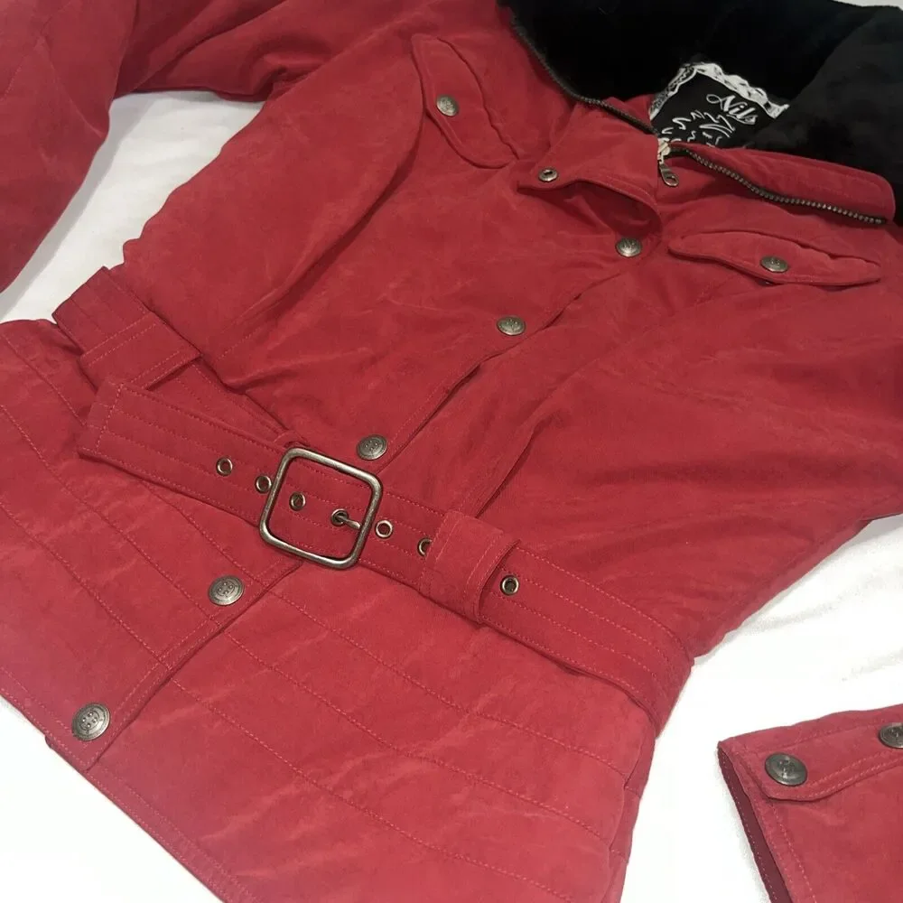 Women’s Vintage Nila Skiwear Size 12 Red And Black Jacket W Faux Fur Collar
